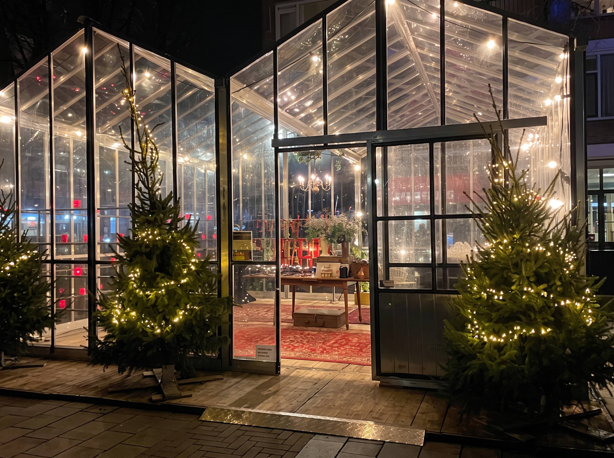 De verlichte kas op het plein in Son en Breugel